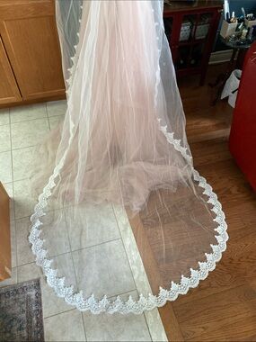 Delicate Ivory Cathedral (112”) Bridal Veil with a fully Scalloped Lace Trim